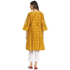 Fabindia Women Cotton Silk Printed Knee Length Kurta Mustard