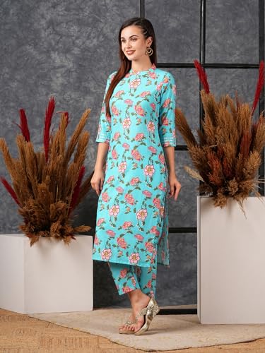 ANNI DESIGNER Womens Cotton Blend Straight Printed Kurta with Pant (NAZUK RAMA-NW_M_Blue_Medium)