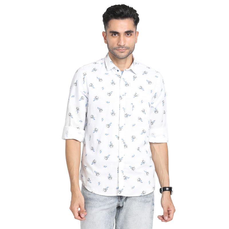 Turtle Men Cotton Linen White Printed Slim Fit Full Sleeve Casual Shirt