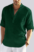 Hemrin MenS Cotton Blend Full Sleeve Short Kurta Shirt With Mandarin Collar Dark Green