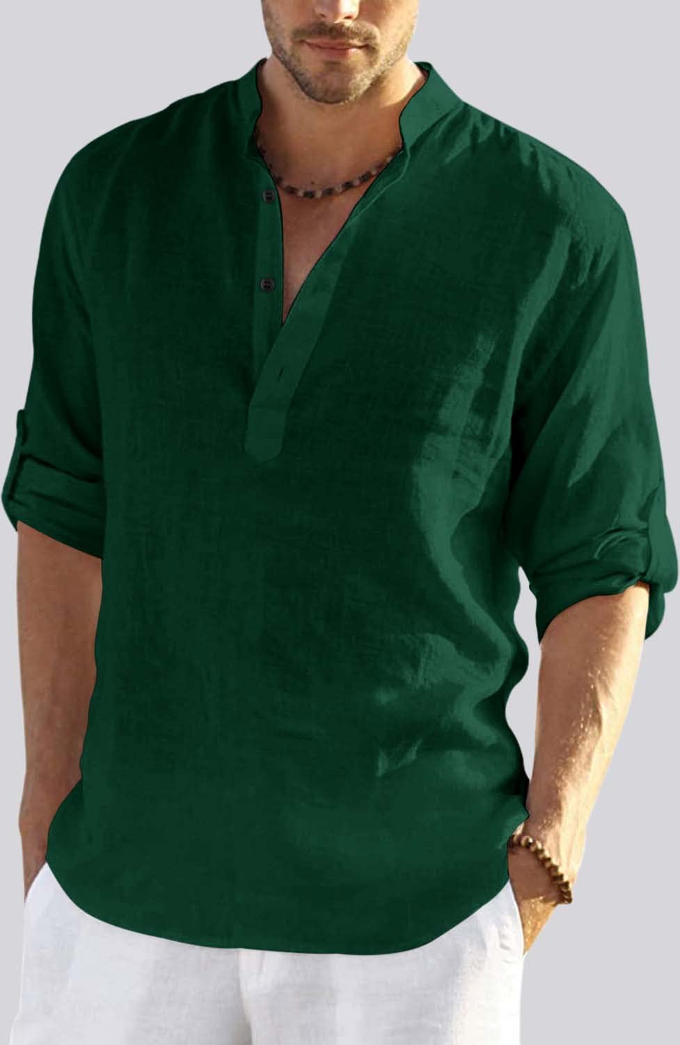 Hemrin MenS Cotton Blend Full Sleeve Short Kurta Shirt With Mandarin Collar Dark Green