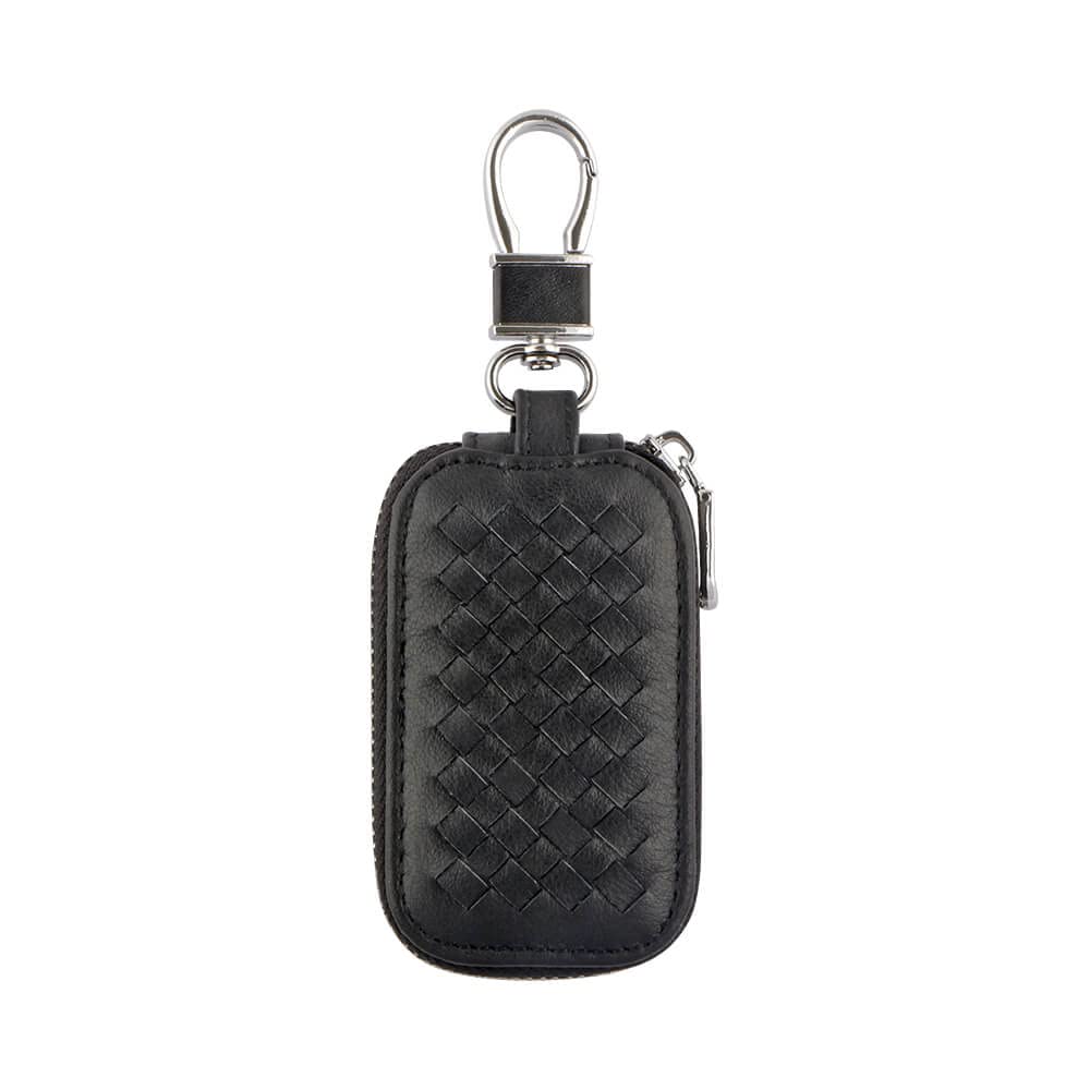 Keyzone Checkered Pattern Car Key Case, Smart Key Holder Pu Leather Key Chain Wallet, Coin Holder, Car Key Zipper Wallet (Black) 3-42