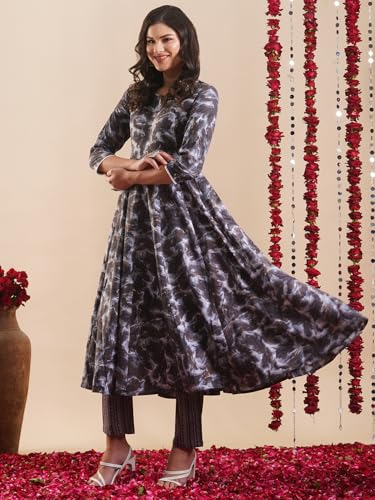 ANNI DESIGNER Womens Rayon Blend Anarkali Printed Kurta with Pant (SIPRADH Grey_XXL_Grey_XX-Large)