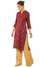 Soch Womens Maroon Rayon Ikat Print Straight Kurta With Pocket