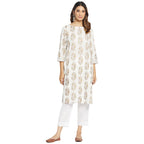 Fabindia Women Cotton Printed Knee Length Kurta White_M