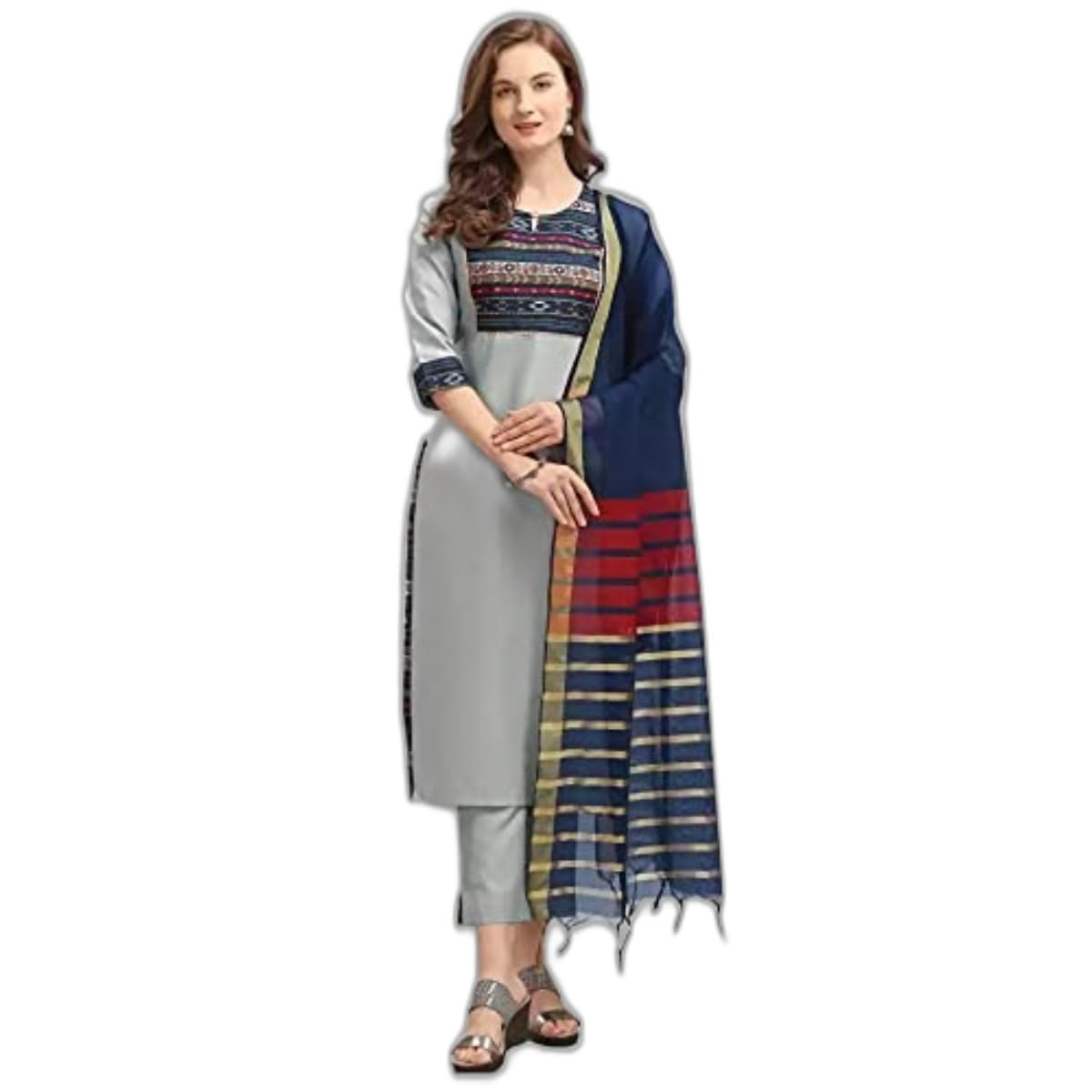 Gosriki Women'S Cotton Blend Straight Solid Kurta, Palazzo And Dupatta (Snap-Grey_L-Grey_Large)