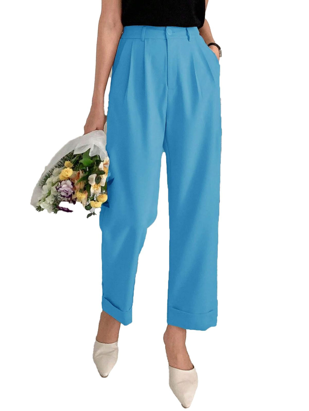 Kotty WomenS Cotton Blend Cross Pocket Solid Trousers Blue