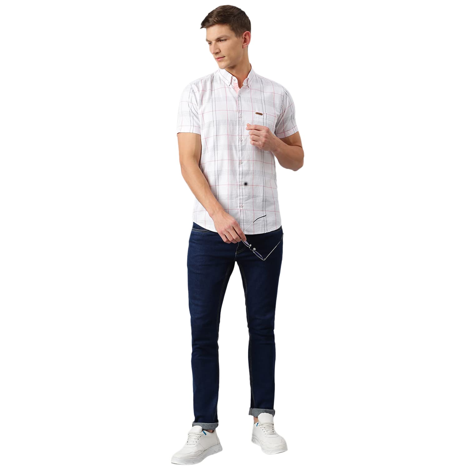 Thomas Scott Mens Checkered Slim Fit 100% Cotton Casual Shirt with Button Down Collar and Half Sleeve White
