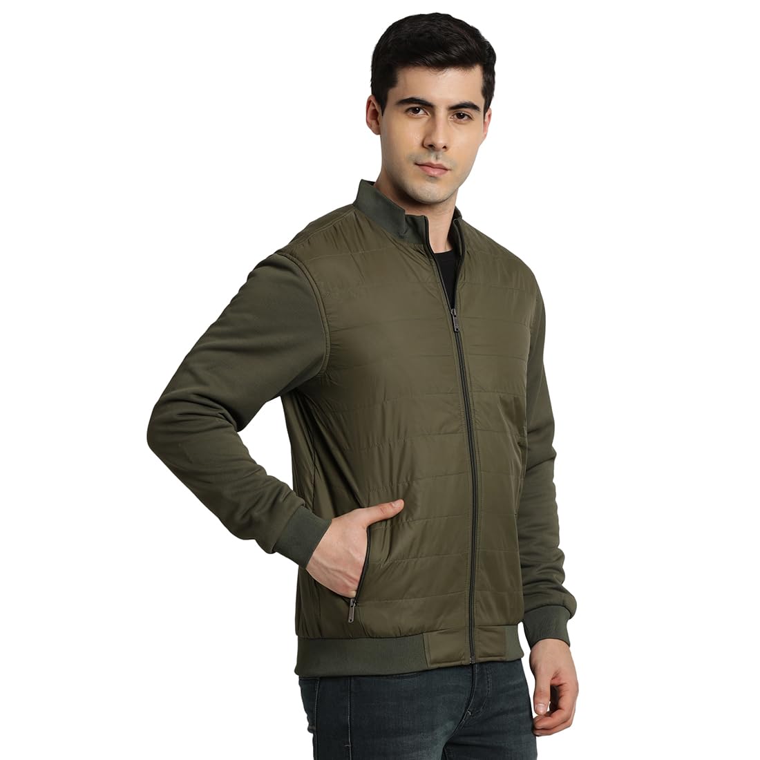 Turtle Men Knitted Solid Regular Fit Full Sleeve Olive Windcheater Jacket