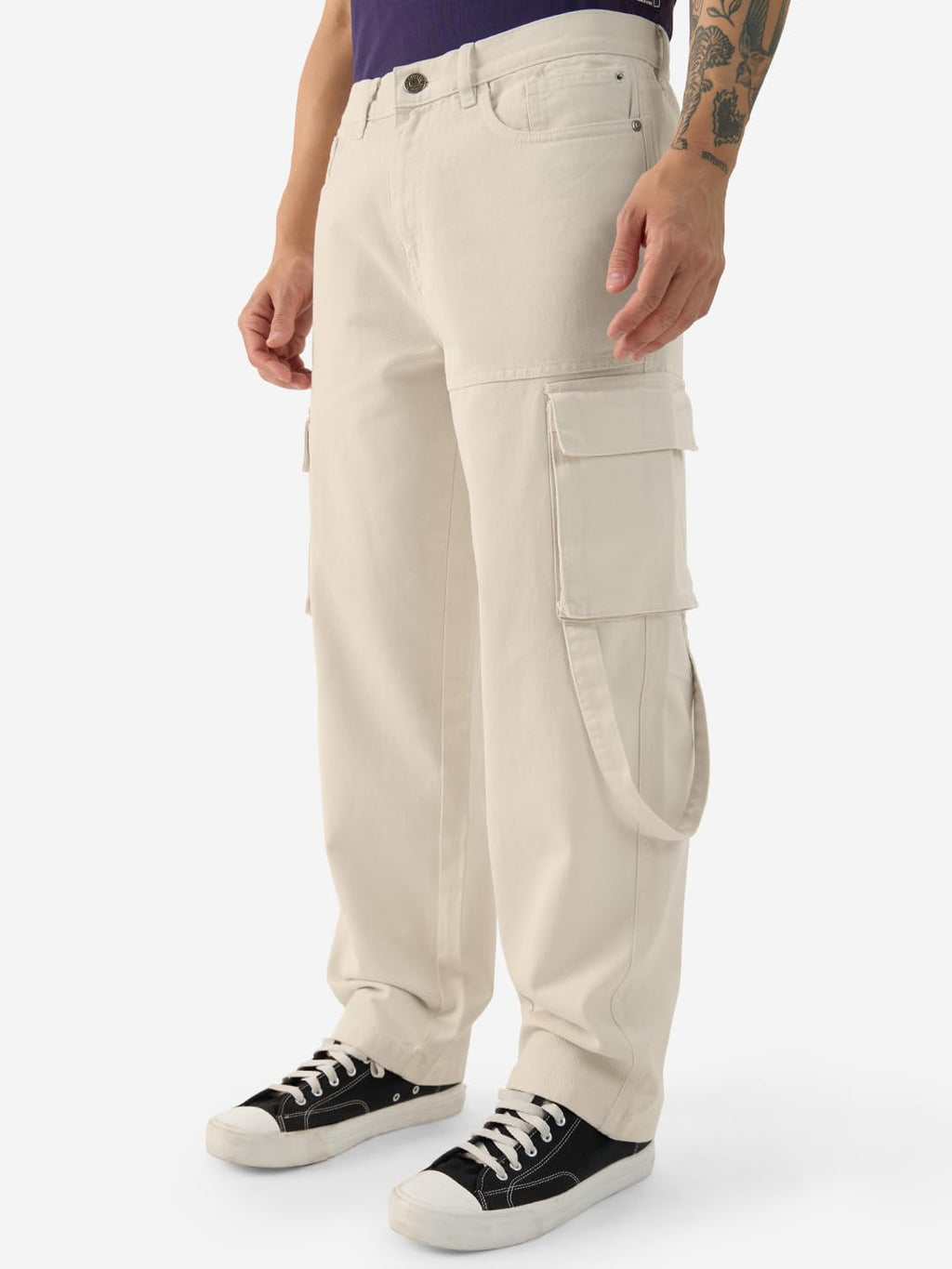 The Souled Store Denim: Beige (Baggy Fit) Men and Boys Cotton Cargo Jeans