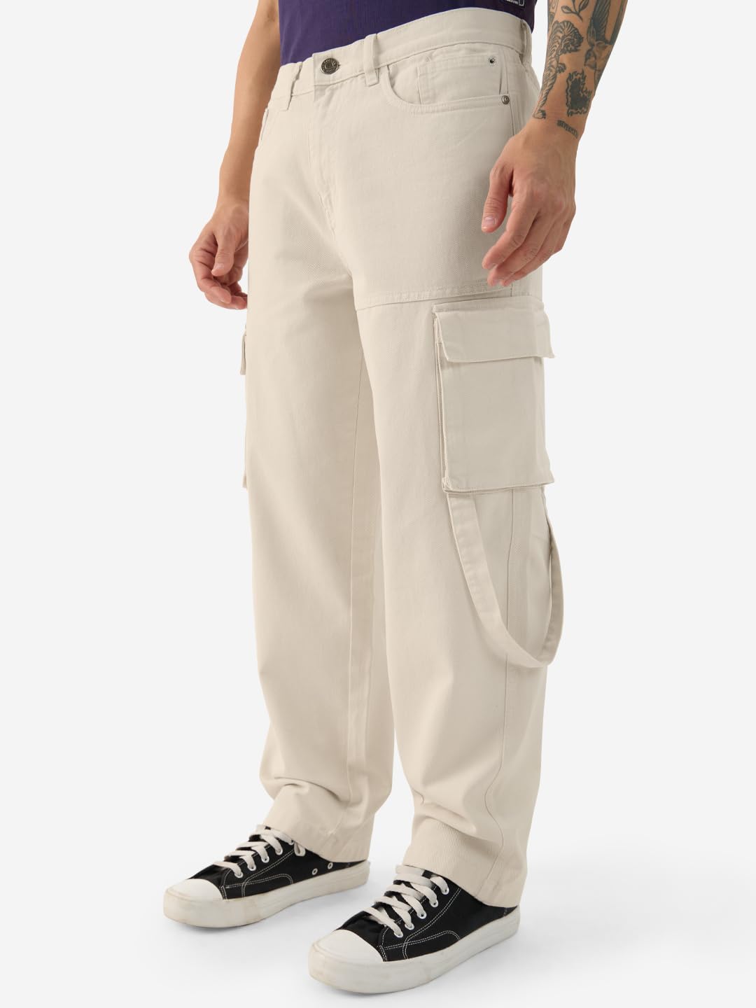 The Souled Store Denim: Beige (Baggy Fit) Men and Boys Cotton Cargo Jeans