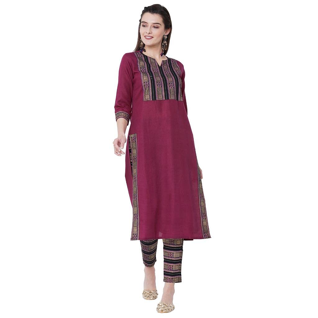 Gosriki Women'S Cotton Straight Kurta With Trousers (Ziya-Wine_Xl_Purple_X-Large)