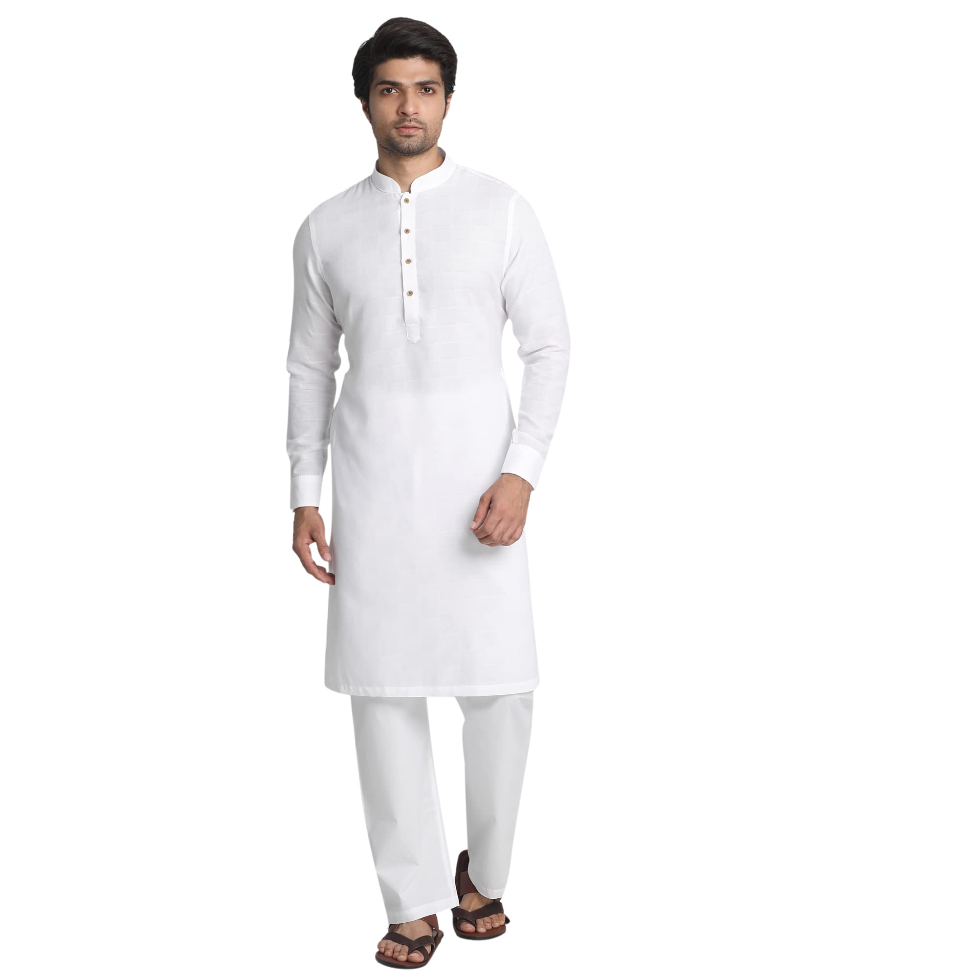 Manyavar Stylish SelfDesign Full Sleeves Kurta for Men - (White, Medium)
