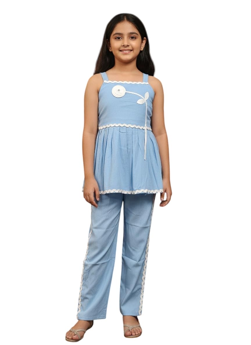 Aarika Girls Blue Colour Self Design Cotton Blend Co-Ord Set-(3-9 Years)-(New_Dr-27001-Blue-28)