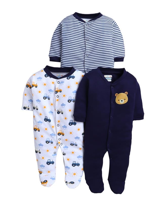 Bumzee Baby Boys Cotton Full Sleeves Pack Of 3 Sleepsuit Navy & White - New Born (Peb11017A-Nbl)