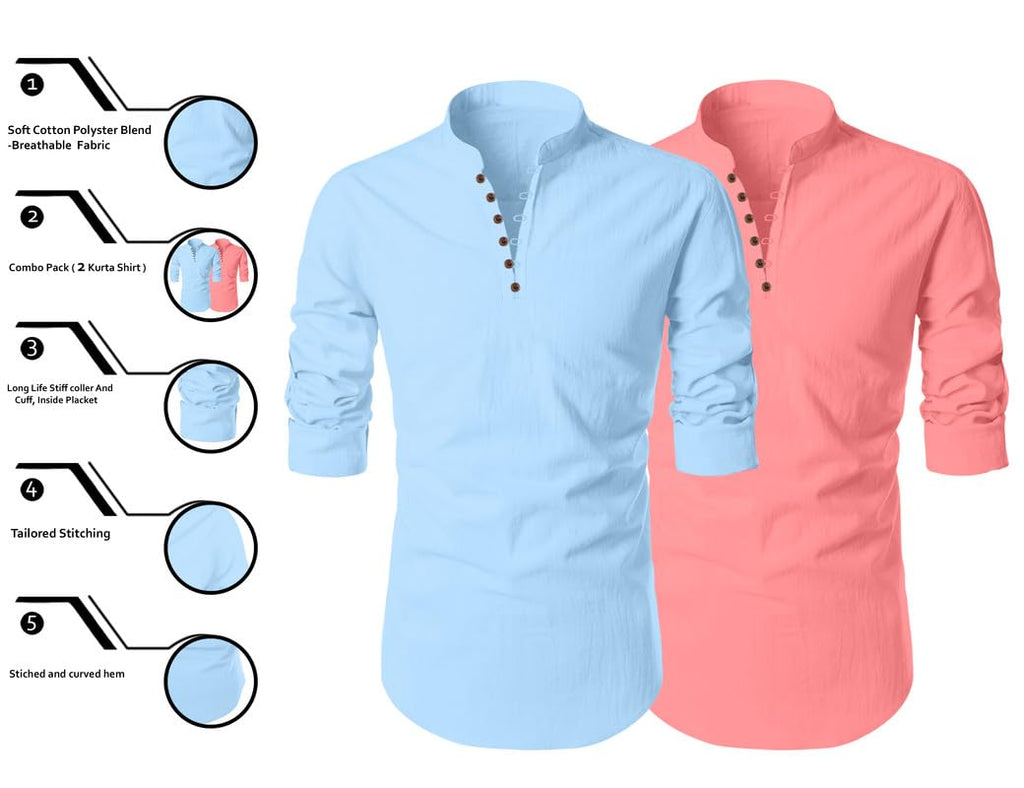 Finivo Fashion MenS Cotton Blend Regular Fit Solid Casual Kurta Shirt Pack Of 2