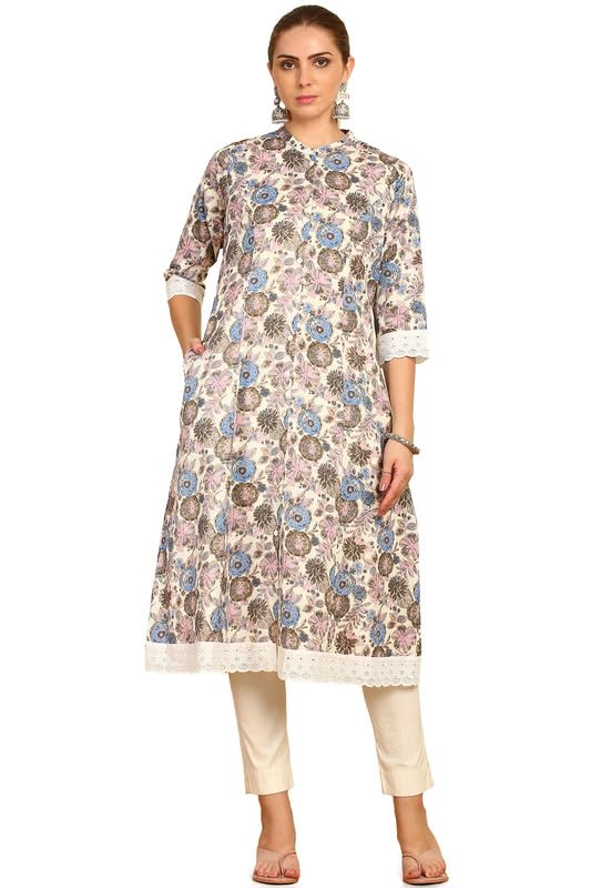 Soch Women & Floral Printed Cotton Flex Kurta with Lace