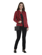Campus Sutra Womens Red Solid Cotton Jacket Regular Fit for Casual Wear | Collar with Hoodie | Single Breasted | Stylish Jacket