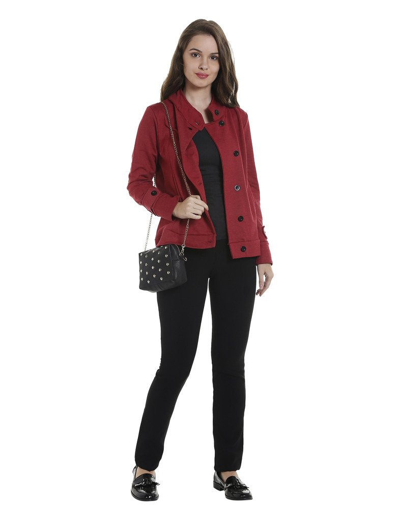Campus Sutra Womens Red Solid Cotton Jacket Regular Fit for Casual Wear | Collar with Hoodie | Single Breasted | Stylish Jacket