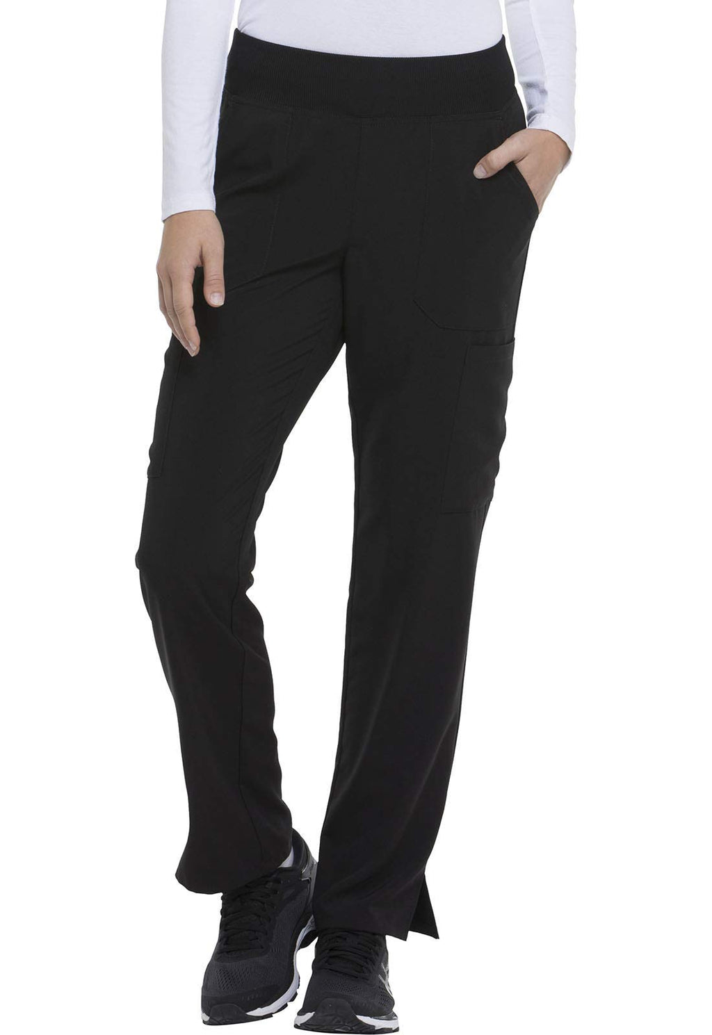 Dickies Women's Scrub Pants Natural Rise Tapered Leg Pull-On Bottoms with 7 Pockets and Knit Waistband DK005T, M Tall, Black