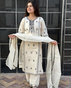ANNI DESIGNER Womens Rayon Blend Straight Embroidered Kurta with Pant & Dupatta (DEVANAGRI White_S_White_Small)