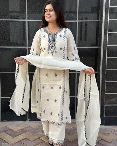 ANNI DESIGNER Womens Rayon Blend Straight Embroidered Kurta with Pant & Dupatta (DEVANAGRI White_XXL_White_XX-Large)