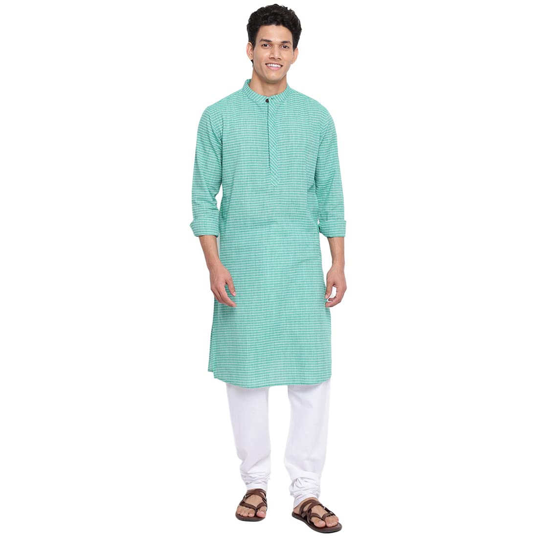 Fabindia Men Cotton Dobby Slim Fit Long Kurta Green_Xl