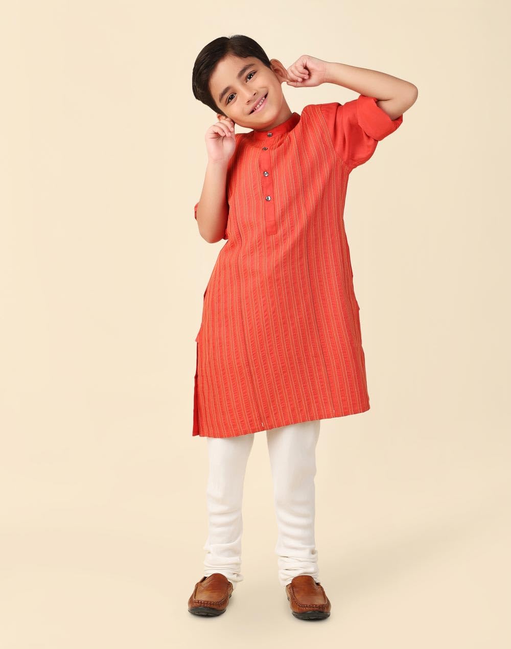 Fabindia Boys Viscose Silk Woven Regular Fit Kurta (1032816RUST_Orange