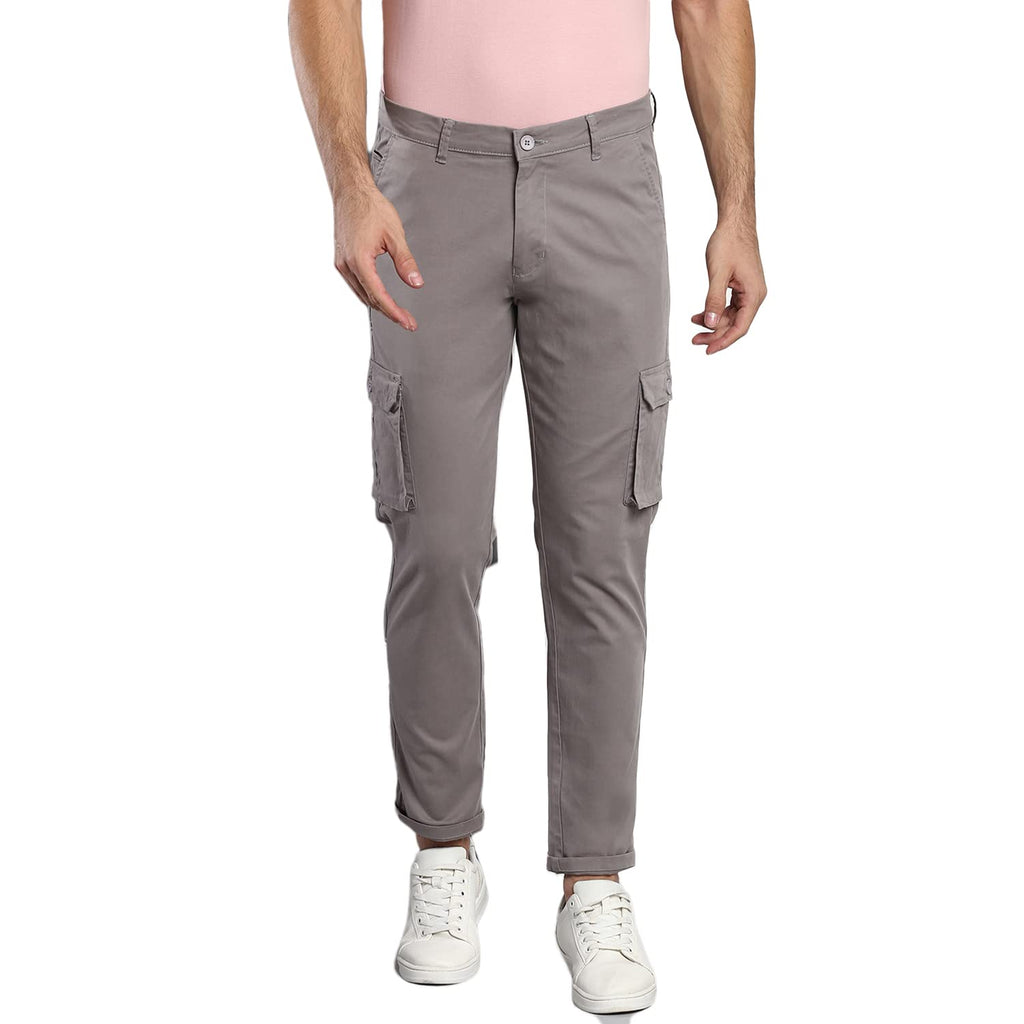 Dennis Lingo Mens Casual Solid Cotton Tapered Fit Mid Rise Ankle Length Multi-Pocket Stretchable Cargo Pant/Trousers (Graphite 