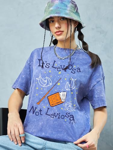 Bewakoof Official Harry Potter Merchandise Womens Graphic Printed Oversized Fit Half Sleeve Round Neck Cotton Jersey Acid Wash