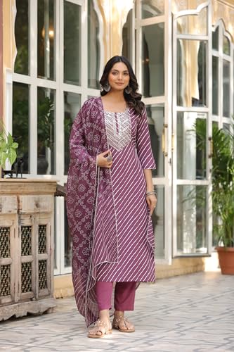 ANNI DESIGNER Womens Cotton Blend Straight Printed Kurta with Pant & Dupatta (DOREMI-Wine_XL_Wine_X-Large)