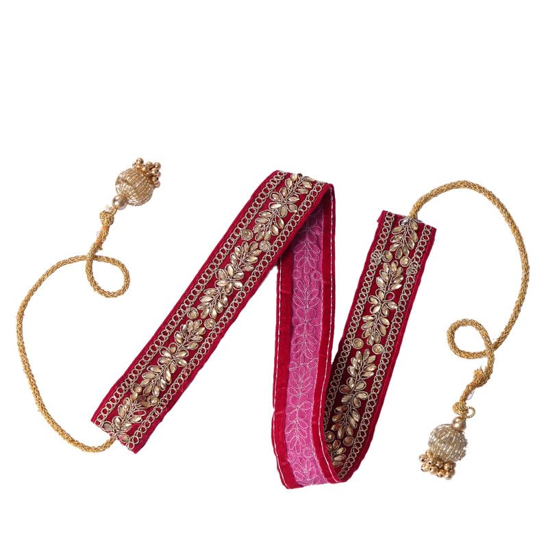 Handicrafted Belt For Women | Dark Pink Belt With Golden Tassles | Wear With Suits, Kurtis And IndoWestern Dresses(40) 40