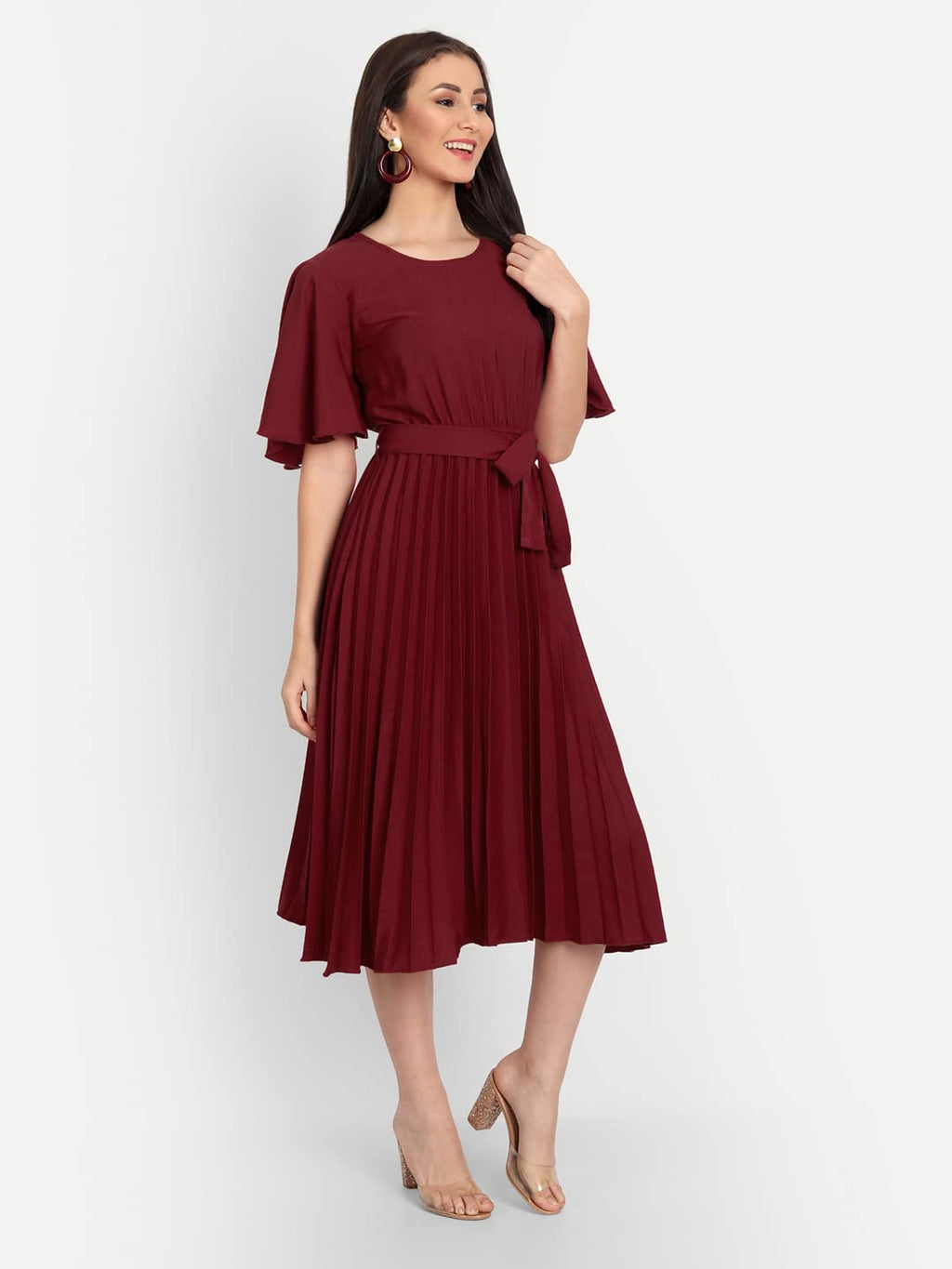 Kuduzo WomenS Crepe Midi Dress With Plated Style Round Neck Half Ruffle Sleeves Below Knee Length Solid Pattern And Regular Fit