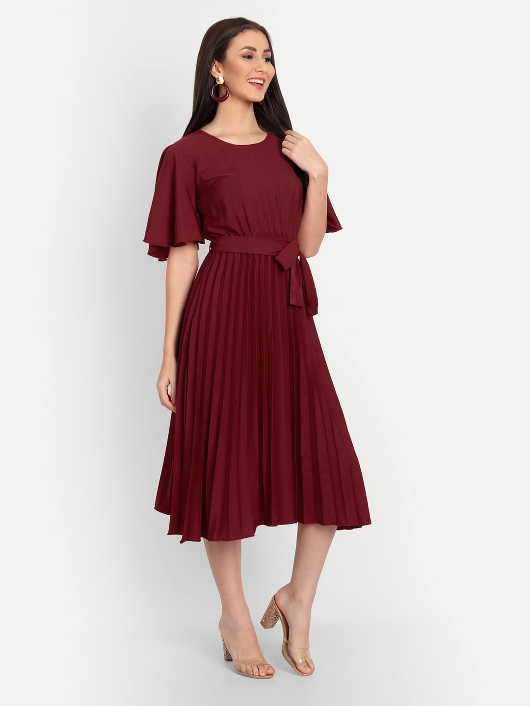 Kuduzo WomenS Crepe Midi Dress With Plated Style Round Neck Half Ruffle Sleeves Below Knee Length Solid Pattern And Regular Fit