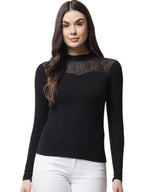 POPWINGS Ribbed Black Full Sleeve Neck Design Top