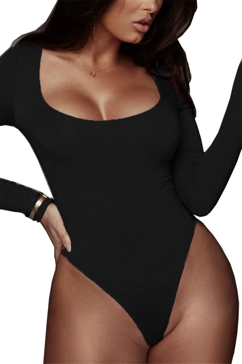 BelleLovin Women's Square Neck Long Sleeve T-shirt Basic Bodysuit Jumpsuits (Black., X-Large)