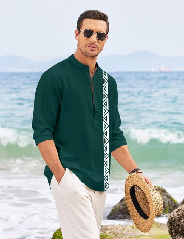 Finivo Fashion MenS Short Kurta With Printed Geometric Side Panel | Cotton Blend Full Sleeve Ethnic Topwear With Mandarin Collar