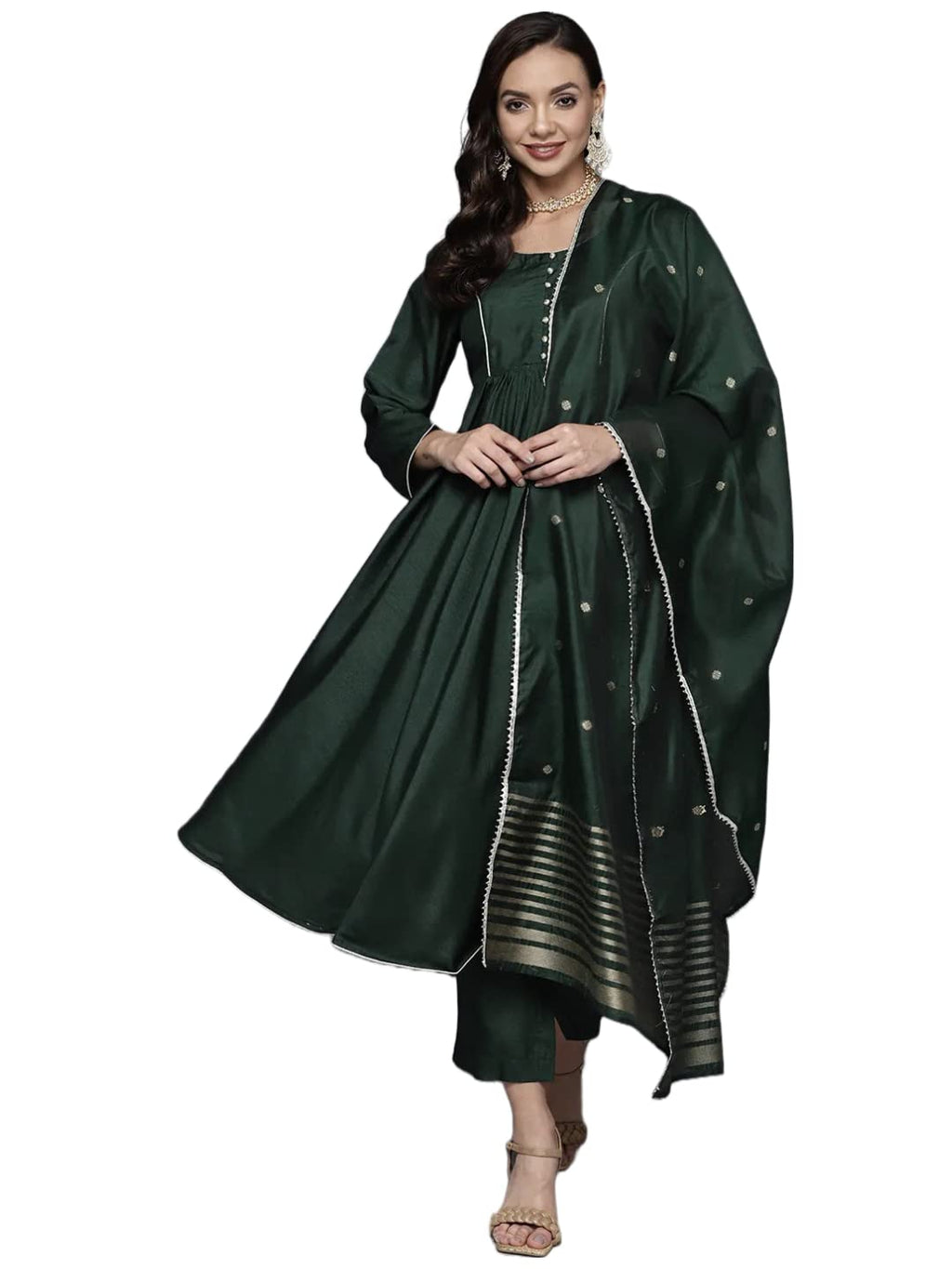 Gosriki Women'S Cotton Silk Blend Solid Anarkali Kurta And Pant With Dupatta (Carrom Green_M-Gs_Green_Medium)