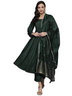 Gosriki Women'S Cotton Silk Blend Solid Anarkali Kurta And Pant With Dupatta (Carrom Green_M-Gs_Green_Medium)