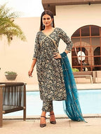 Womanista Women'S Silk Blend Foil Printed Sequins Work Alia Cut Anarkali Kurta Trouser With Dupatta Set