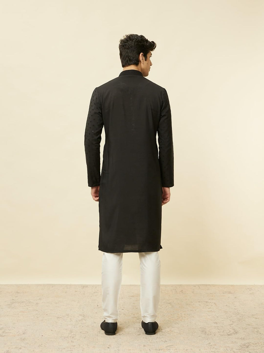 Manyavar Mens Black Blended Viscose Self Design Kurta Pyjama Set