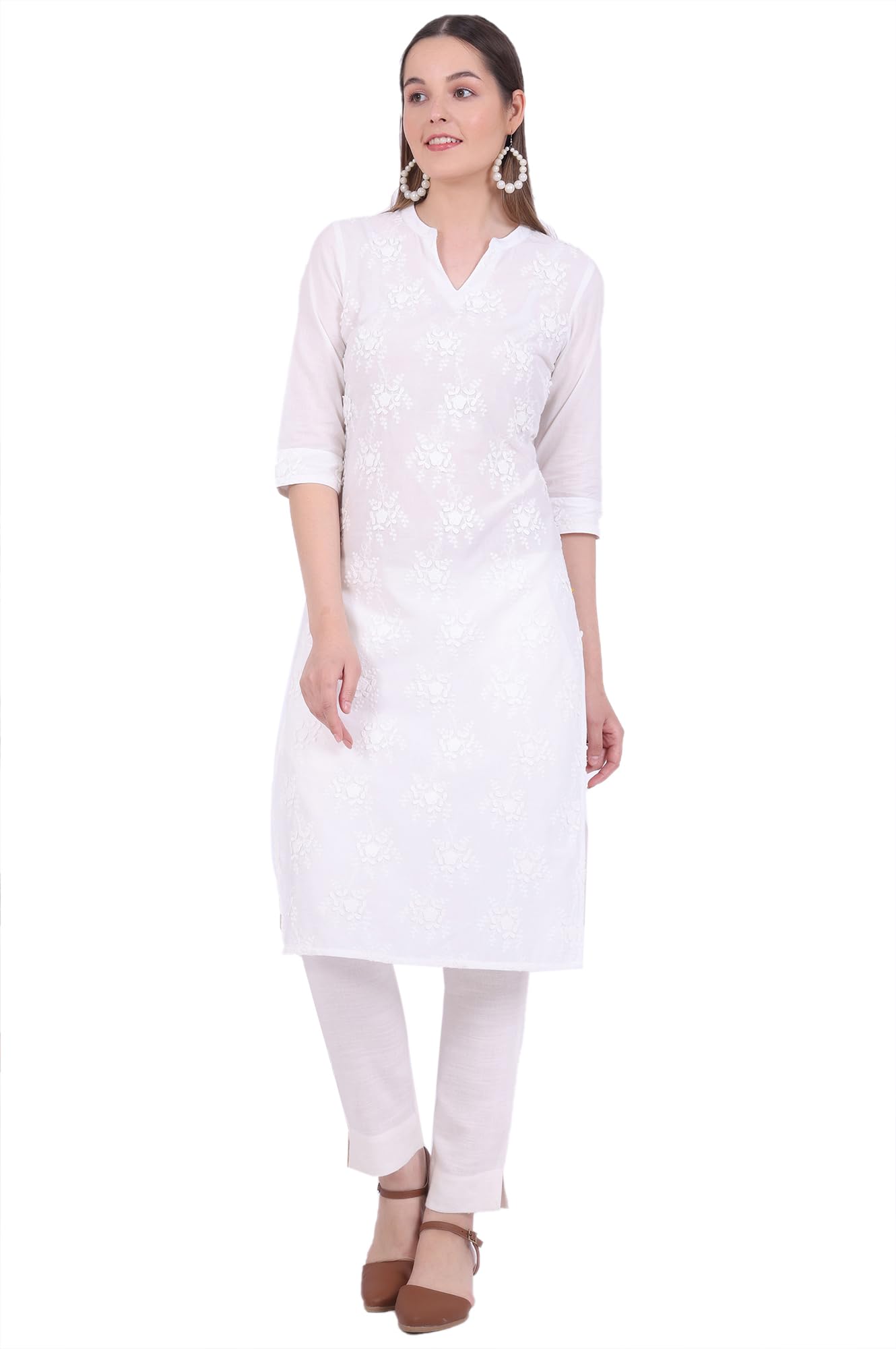 Aurelia Womens White Embroidered Pure Cotton Straight Kurta (Size: 2XL)-A15830-E608028