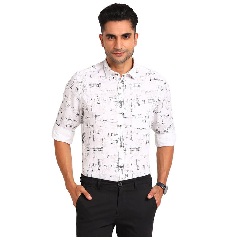Turtle Men PC Slim Fit Off White Printed Full Sleeve Casual Shirt