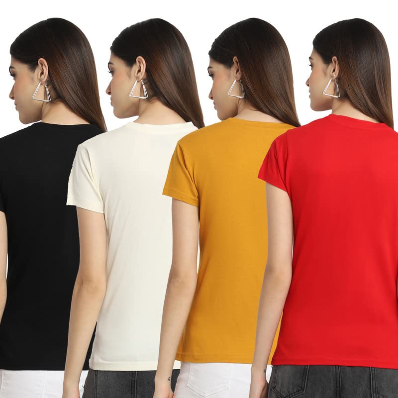 Preneum Womens Cotton Regular Fit Latest Graphic Stylish Printed Short Sleeves Casual T-Shirt (Pack 4), Black & Off White & Yel