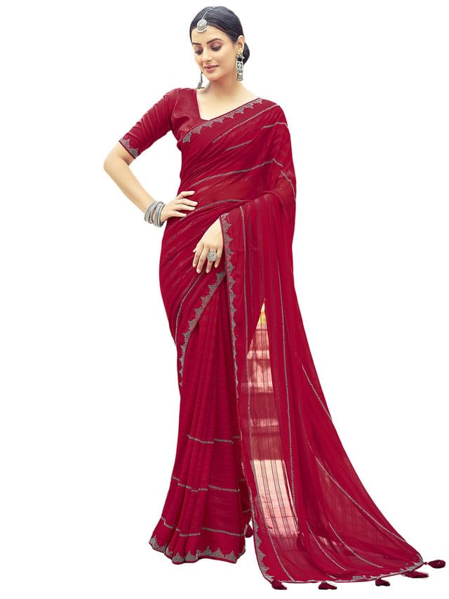 Satrani Womens Georgette Stone Work Border & Piping Border & Tassels Saree with Unstitched Blouse Piece (3432S301N_Red1)