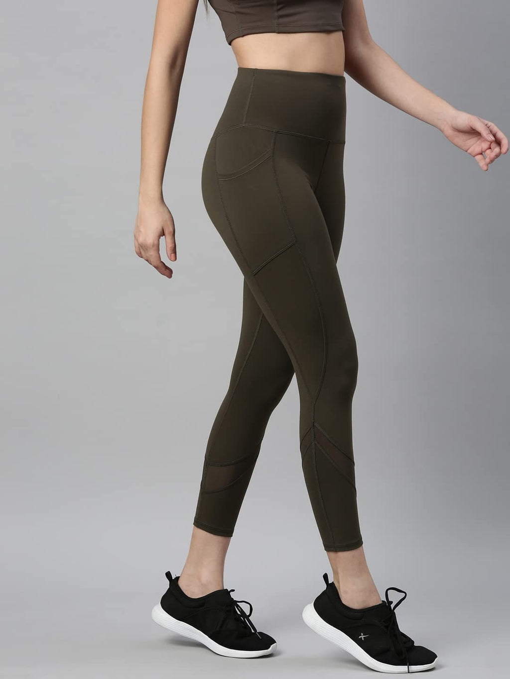 Enamor Athleisure Leggings for women with Pockets with Adjustable High waist used as track pants yoga pants tights (A601_Olive N