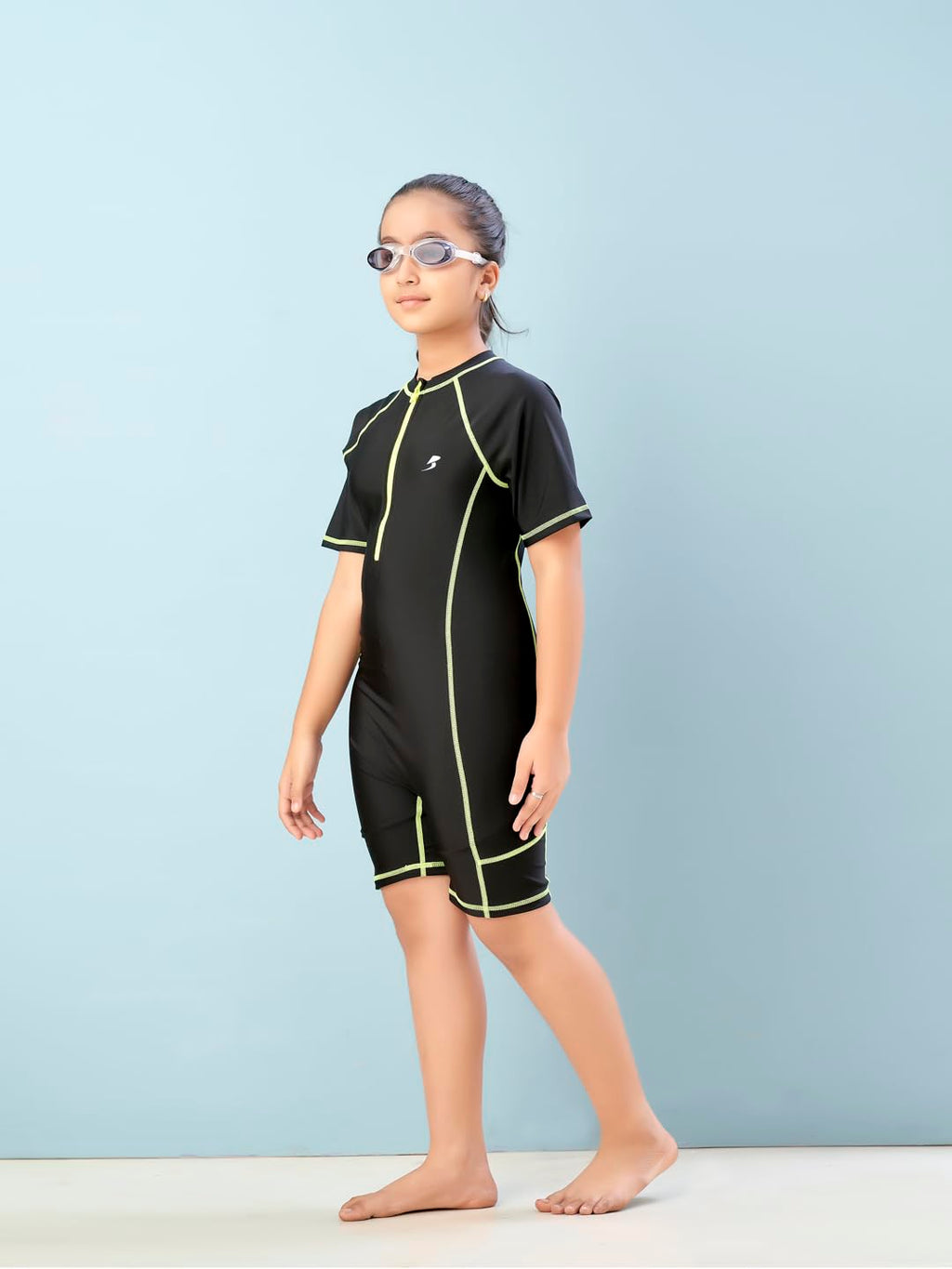 Aarika Girls Sports Wear Black-Green Colour Solid Nylon Swim Suit (4-15 Years)-(SW-SHM-AB-603)