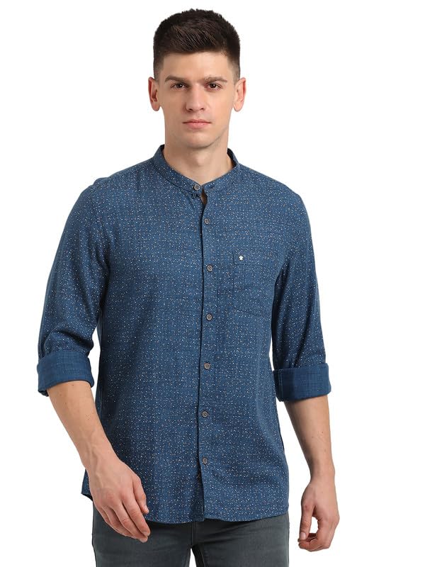 Turtle Men 100% Cotton Slim Fit Casual Printed Blue Shirt