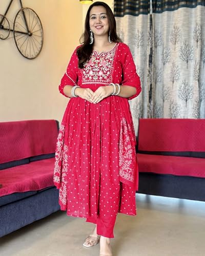 ANNI DESIGNER Womens Rayon Viscose Embroidered Anarkali Kurta with Pant & Dupatta (Kanota Pink-VKS05_XL_Pink_X-Large)