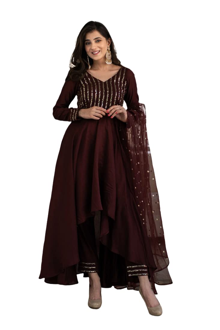 Fashion Basket Women'S Crape Brown Anarkali Kurta And Pant With Dupatta Set